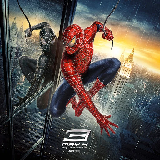 Movie poster for Spider-Man 3 showing Spider-Man reflected in the window of a skyscraper, with a cityscape in the background.
