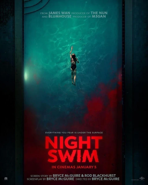 Movie poster for Night Swim featuring a woman swimming in a pool at night, promoting the January 5th release in cinemas.