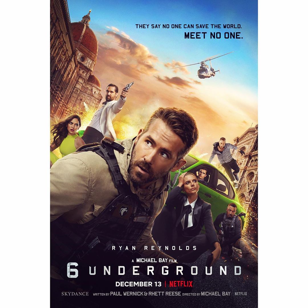 Movie poster for 6 Underground with Ryan Reynolds, featuring action scenes, a helicopter, and a cityscape in the background.