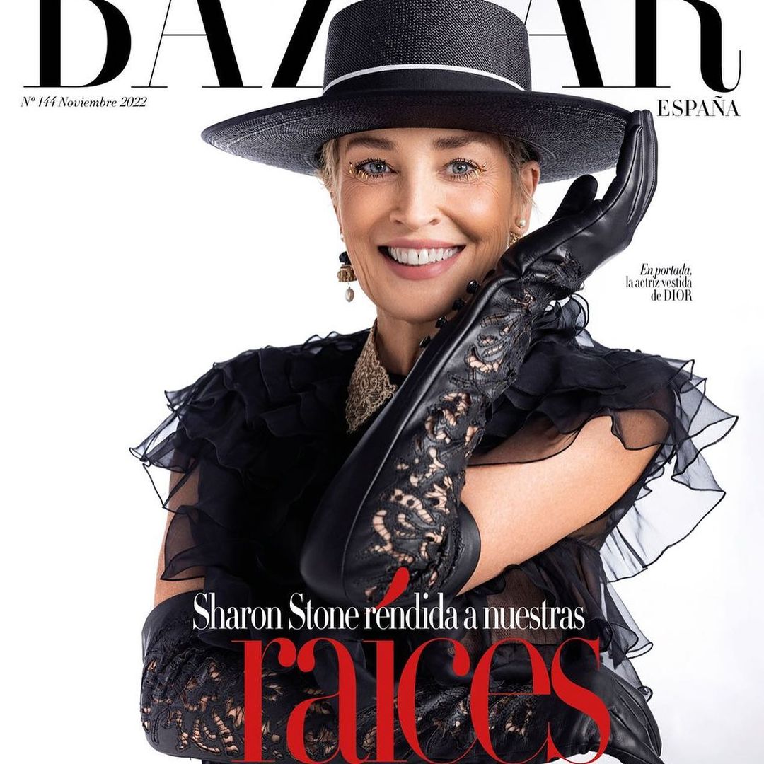 Magazine cover featuring Sharon Stone wearing a black hat and gloves. The cover has 'BAZAAR ESPAÑA' at the top and text overlay.