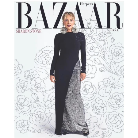 Magazine cover featuring Sharon Stone in a long black dress with silver accents, set against a white floral background. Bazaar logo visible.