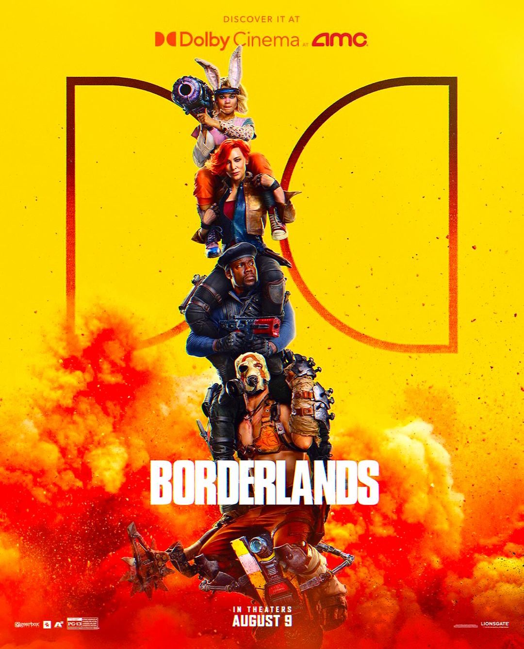 Movie poster for Borderlands shows group of armed characters stacked on each other against yellow and orange background.