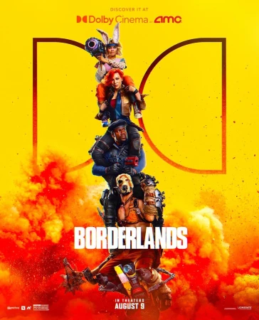 Movie poster for Borderlands shows group of armed characters stacked on each other against yellow and orange background.