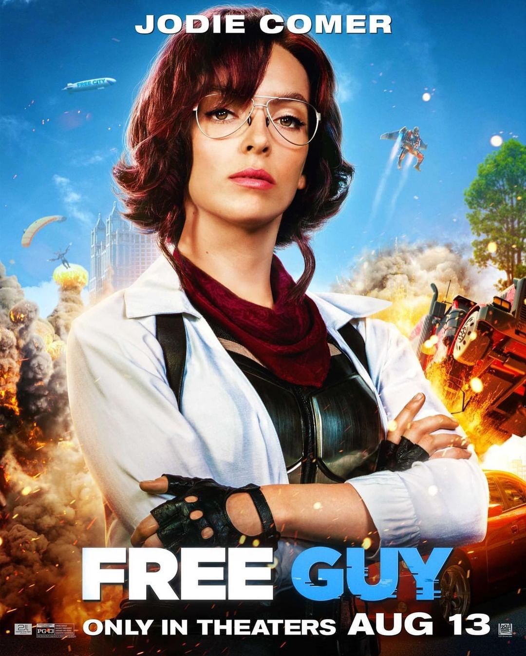 Movie poster featuring Jodie Comer wearing glasses and a white jacket in front of a blue sky with explosions and city buildings.