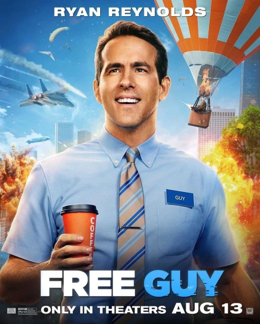 Movie poster featuring Ryan Reynolds in a light blue shirt and tie, holding a coffee cup, with cityscape and action elements.