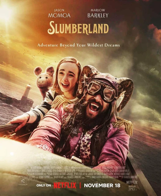 Movie poster featuring Jason Momoa and Marlow Barkley in 'Slumberland,' riding in a boat with a lighthouse visible in the distance.