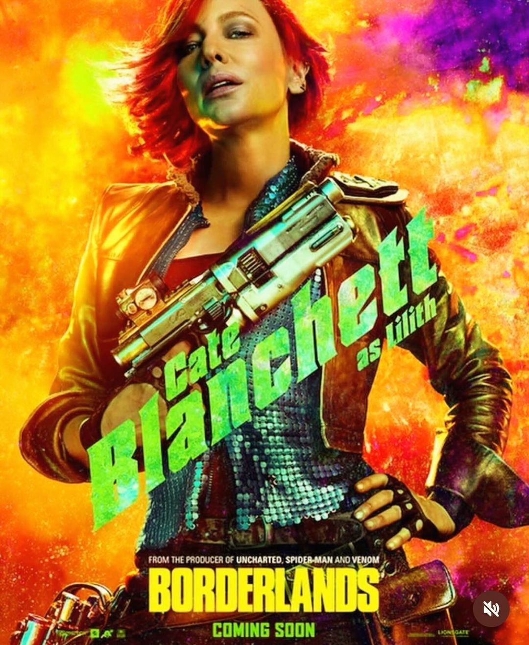 Movie poster featuring Cate Blanchett as Lilith in 'Borderlands' with a futuristic gun against a fiery background, promoting the film's release.
