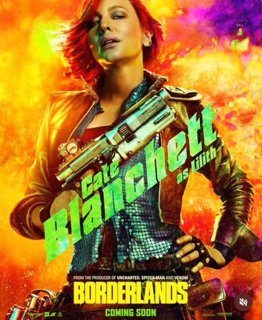 Movie poster featuring Cate Blanchett as Lilith in 'Borderlands' with a futuristic gun against a fiery background, promoting the film's release.