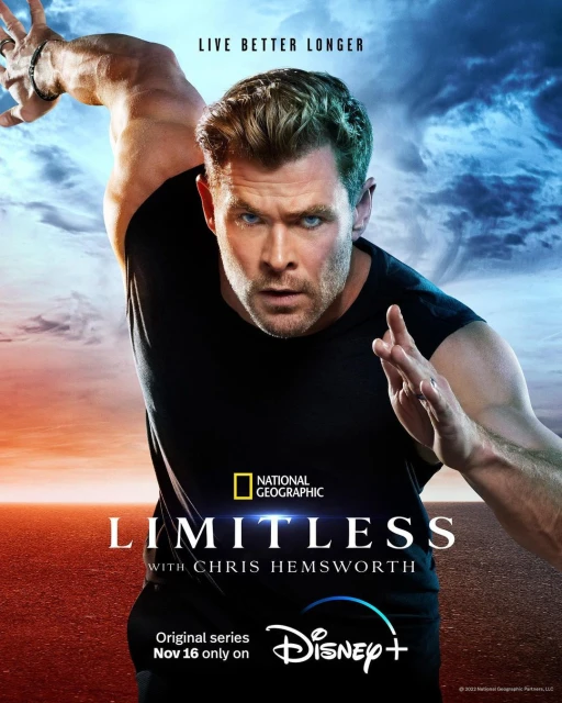 Adult male, Chris Hemsworth, in an active pose against a blurred background. National Geographic and Disney+ logos included on poster.