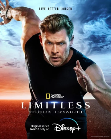 Adult male, Chris Hemsworth, in an active pose against a blurred background. National Geographic and Disney+ logos included on poster.