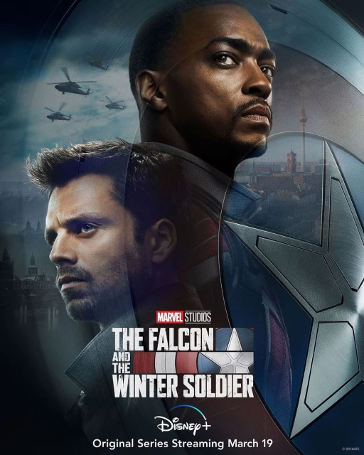 Movie poster featuring Anthony Mackie and Sebastian Stan from Marvel's "The Falcon and the Winter Soldier" series streaming on Disney+.