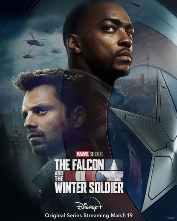 Movie poster featuring Anthony Mackie and Sebastian Stan from Marvel's "The Falcon and the Winter Soldier" series streaming on Disney+.