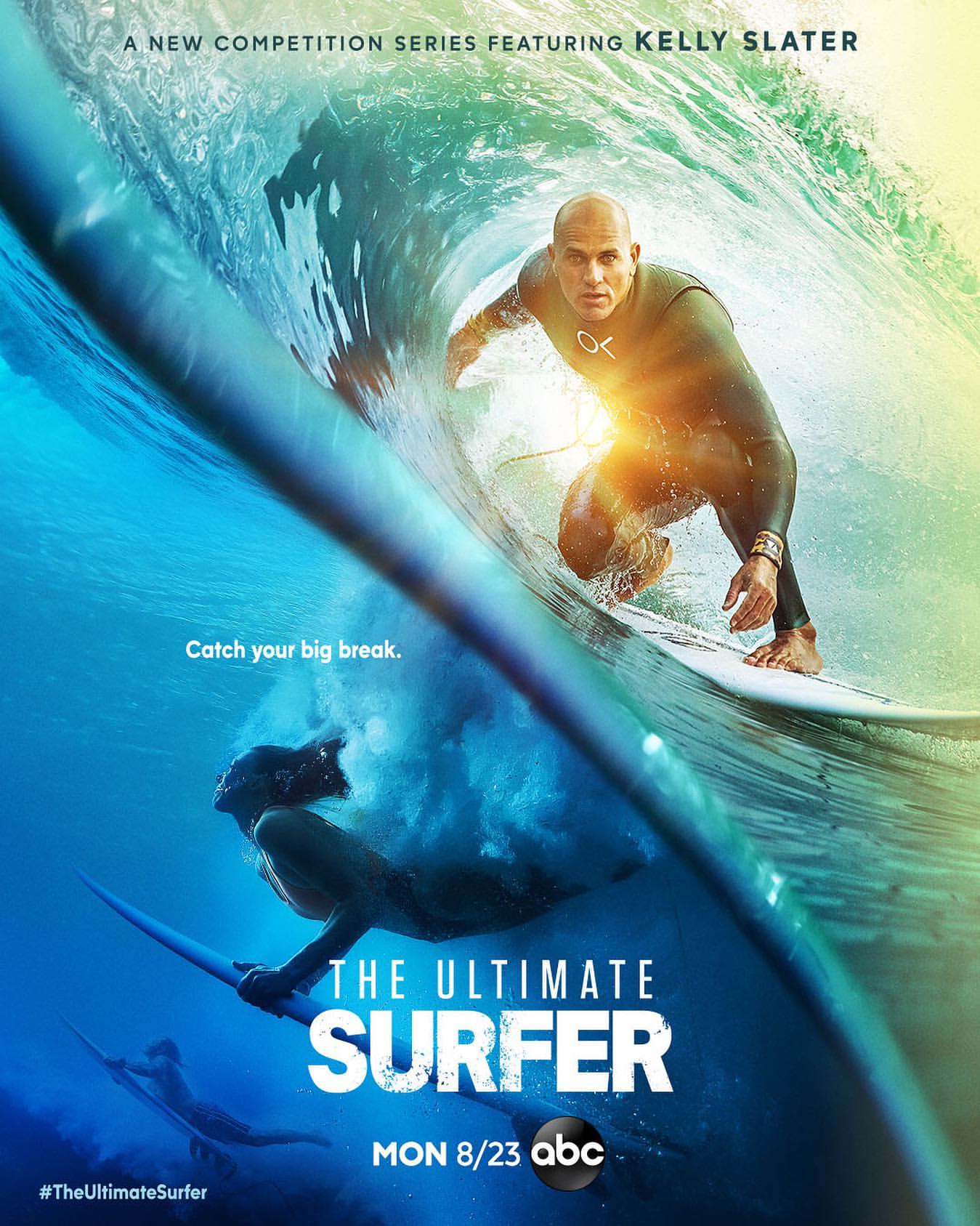 A promotional poster featuring two surfers in action, one riding a wave and the other underwater, for the show 'The Ultimate Surfer'.