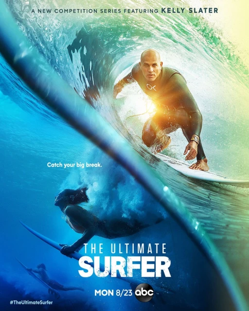 A promotional poster featuring two surfers in action, one riding a wave and the other underwater, for the show 'The Ultimate Surfer'.