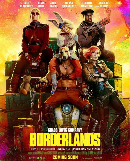 Movie poster for 'Borderlands' features a group of actors including Cate Blanchett, Kevin Hart, and Jack Black sitting on crates.