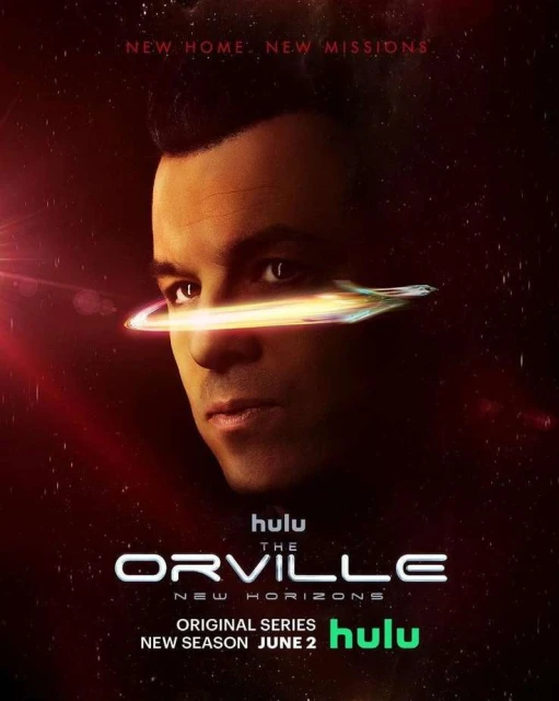The Orville: New Horizons promotional poster features a close-up of a man with a glowing light effect over his eye in a dark setting.