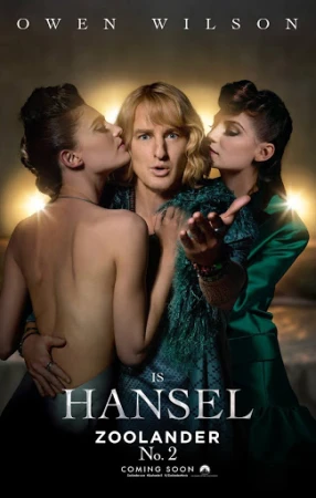 Movie poster featuring Owen Wilson between two women, promoting 'Hansel, Zoolander No. 2,' with a light tan backdrop and clear typography.