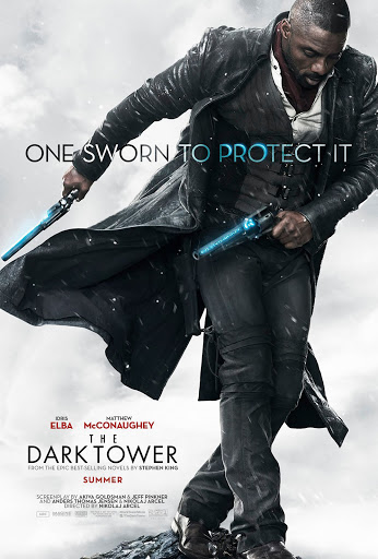 Movie poster featuring Idris Elba as the lead in 'The Dark Tower,' holding two glowing guns. The poster has white and grey colors, text at the bottom.