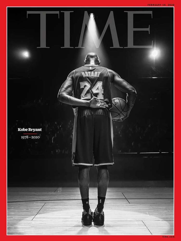Black and white Time magazine cover featuring Kobe Bryant standing with a basketball against a dark background, February 10, 2020.