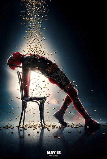 Movie poster featuring Deadpool reclining on a chair while covered in bullet casings, illuminated against a dark background.