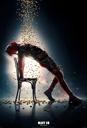 Movie poster featuring Deadpool reclining on a chair while covered in bullet casings, illuminated against a dark background.