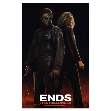 Movie poster for 'Halloween Ends' featuring Michael Myers with mask and Laurie Strode in a dark, fiery cinematic scene.