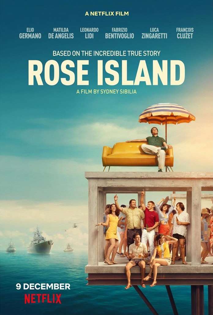 Movie poster for Rose Island features a man on a yellow couch on a platform with a group of people on the lower level. 