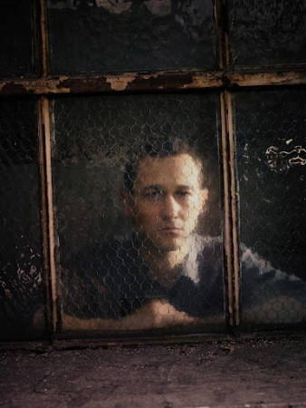 Indoor portrait of a man behind a wire mesh window. He leans an arm on the window ledge with a neutral expression on his face.