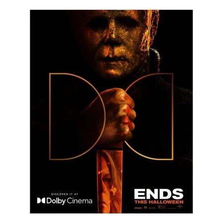 Movie poster for 'Halloween Ends' features Michael Myers mask, hand, and a partial view of Jamie Lee Curtis face, set against a dark background.