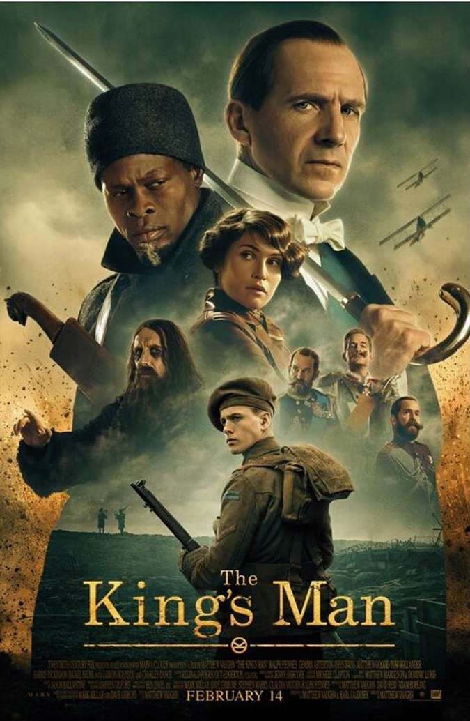 Movie poster for The King's Man featuring Ralph Fiennes and Djimon Hounsou, along with other actors, set against a historic war backdrop.