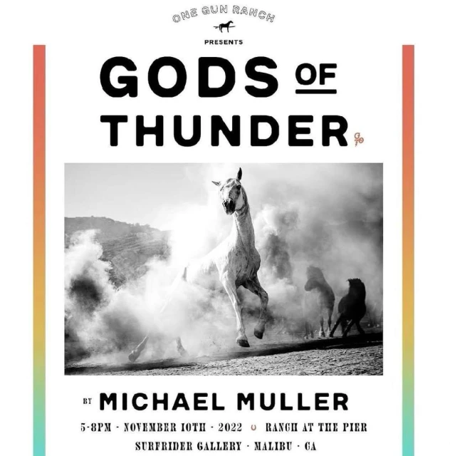 Black and white photo of white horses kicking up dust, possibly a ranch event or show, with title text 'Gods of Thunder'.
