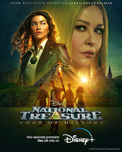 Movie poster for 'National Treasure: Edge of History' on Disney+ features cast members, pyramid, church, and title logo.