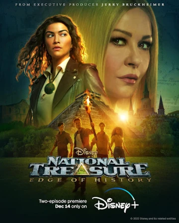 Movie poster for 'National Treasure: Edge of History' on Disney+ features cast members, pyramid, church, and title logo.