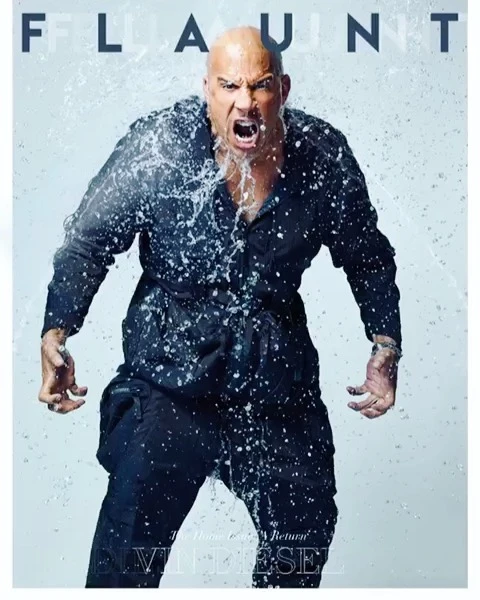 Magazine cover featuring Vin Diesel drenched in water. He's yelling with an open mouth, wearing a dark outfit against a light background.