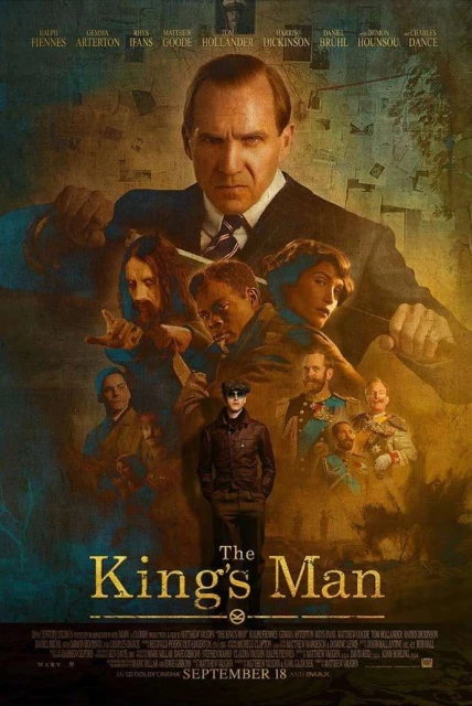 Movie poster for The King's Man film featuring Ralph Fiennes and other cast members, with the film's title prominently displayed.
