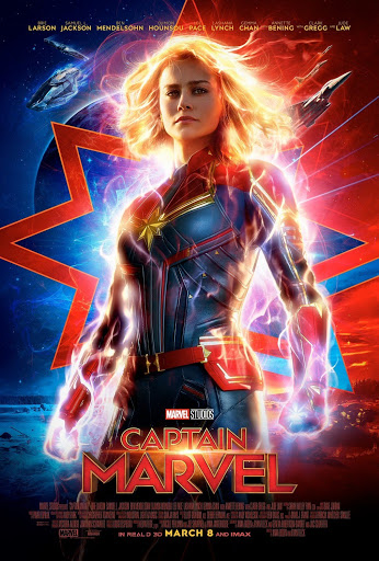 Movie poster for Captain Marvel features Brie Larson in costume, set against a dynamic background with starburst and space elements.