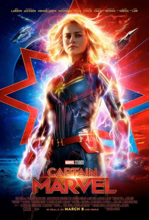 Movie poster for Captain Marvel features Brie Larson in costume, set against a dynamic background with starburst and space elements.