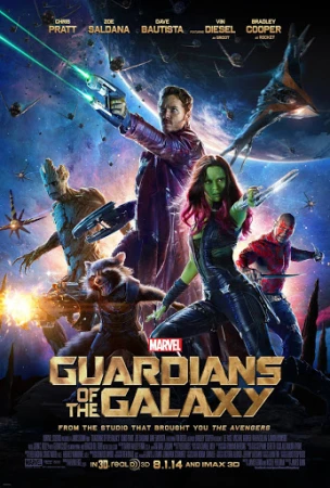 Movie poster for Marvel's Guardians of the Galaxy featuring Chris Pratt, Zoe Saldana, Dave Bautista, Vin Diesel, and Bradley Cooper.