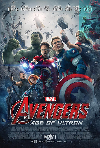 Movie poster for The Avengers: Age of Ultron featuring the cast in costume against a backdrop of swirling debris and action elements.