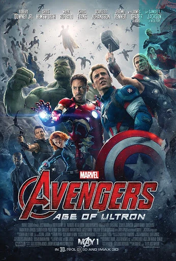 Movie poster for The Avengers: Age of Ultron featuring the cast in costume against a backdrop of swirling debris and action elements.