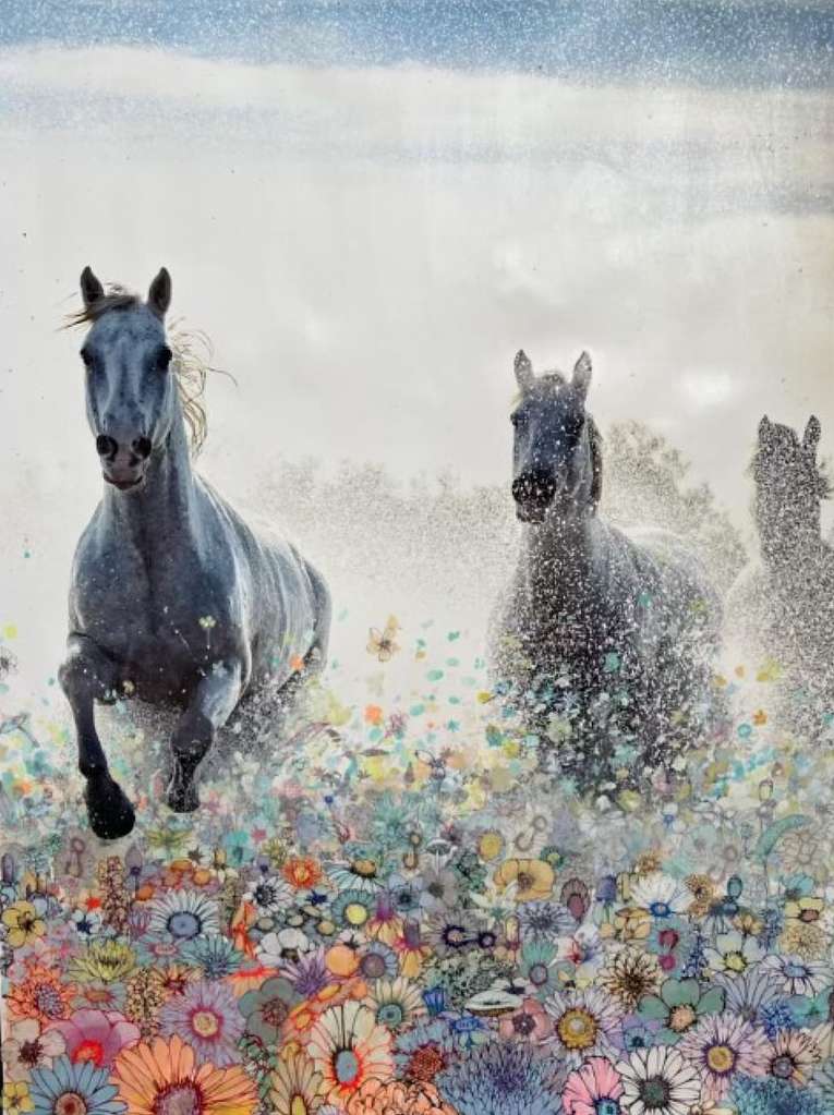 A group of grey horses run through a field of watercolor flowers under a light blue, cloudy sky in a digitally manipulated image.