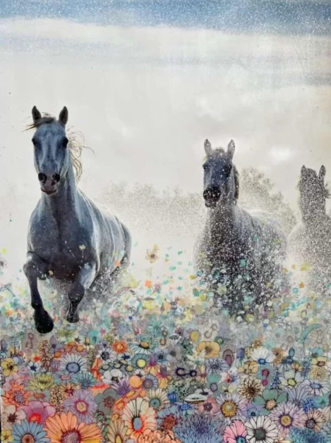 A group of grey horses run through a field of watercolor flowers under a light blue, cloudy sky in a digitally manipulated image.
