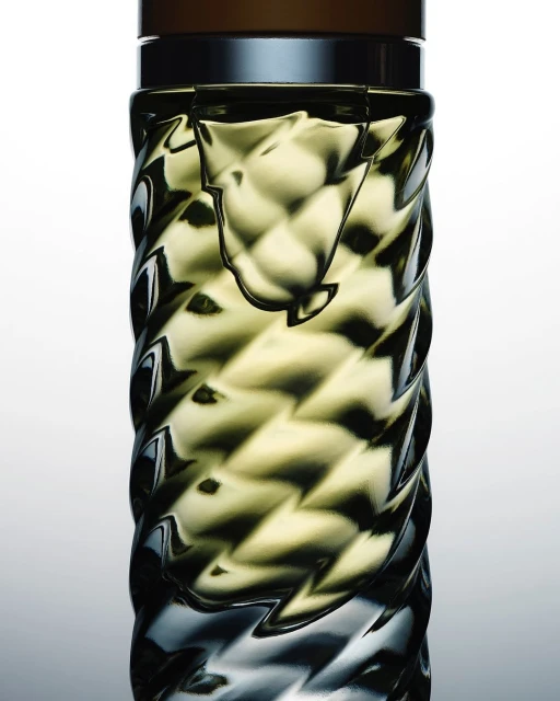 Studio shot of a textured glass bottle with a brown top against a white background, highlighting the bottle's design and color.