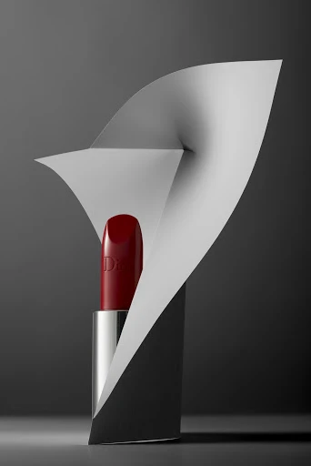 Close-up studio shot of red lipstick in a silver tube, nestled in a paper sculpture, set against a gradient dark grey backdrop.