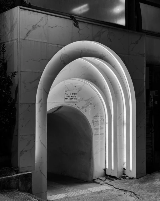 Arched tunnel entrance with bright neon lights in a black and white urban setting, featuring marble walls and a unique architectural design.