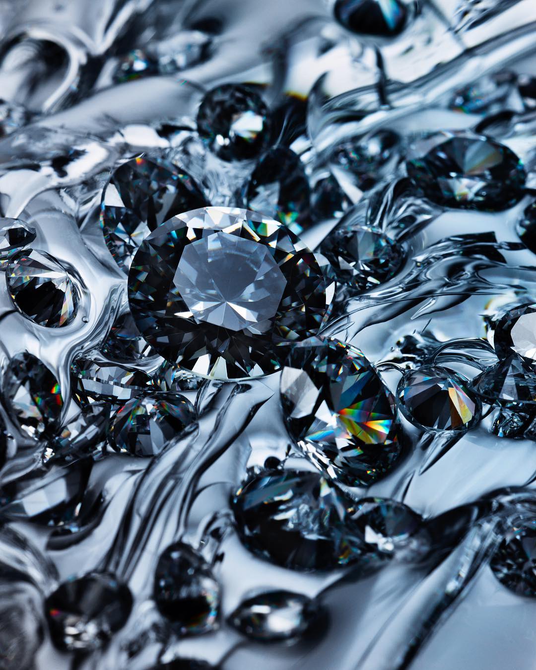 Sparkling diamonds in a close-up composition, showcasing their intricate facets and bright reflections against a glossy, light background.