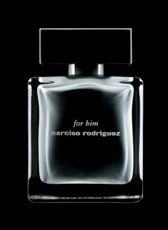 Rectangular glass perfume bottle with dark liquid and bold black cap against a pitch black background