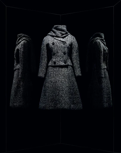 Elegant wool coat and skirt ensemble is spotlighted against a stark black background with mirrored reflections, showcasing fabric texture.