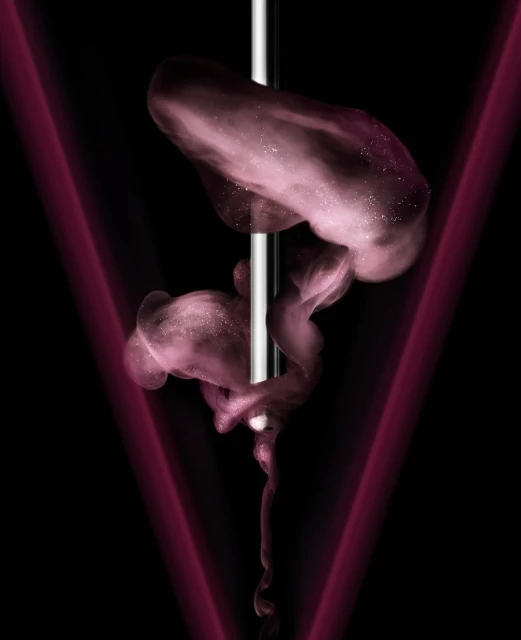 Abstract art featuring pink fluid suspended around a silver pole against a black background with soft V-shaped red light.