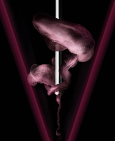 Abstract art featuring pink fluid suspended around a silver pole against a black background with soft V-shaped red light.
